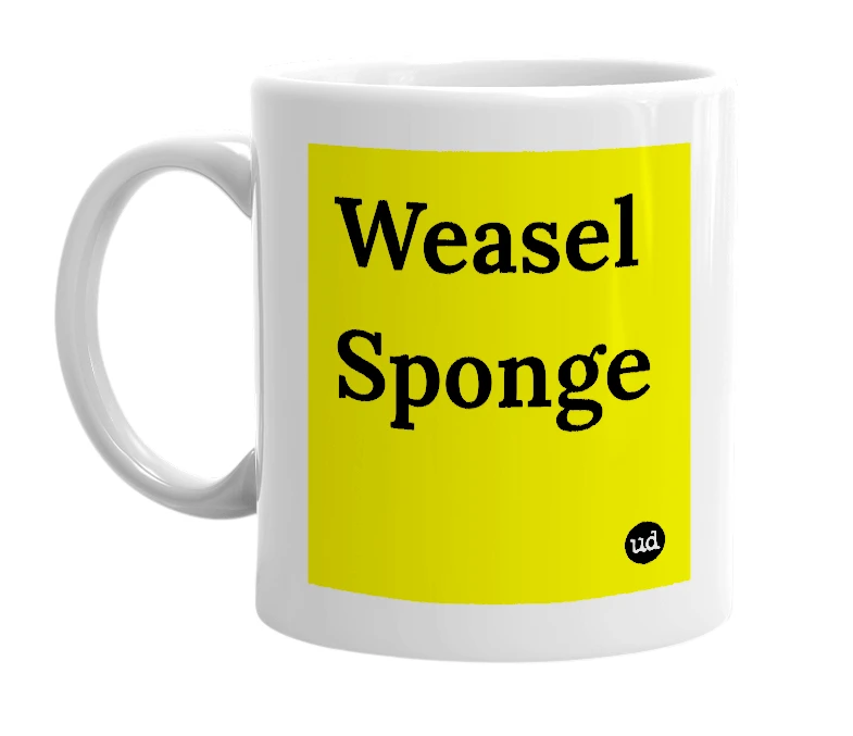 White mug with 'Weasel Sponge' in bold black letters