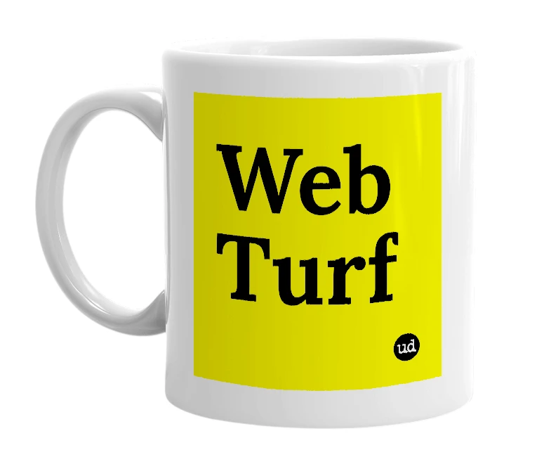 White mug with 'Web Turf' in bold black letters