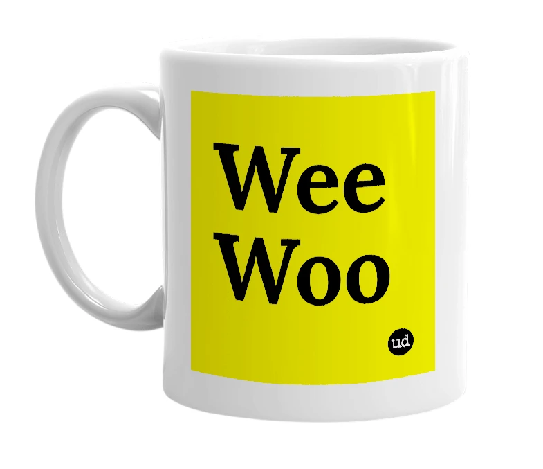 White mug with 'Wee Woo' in bold black letters