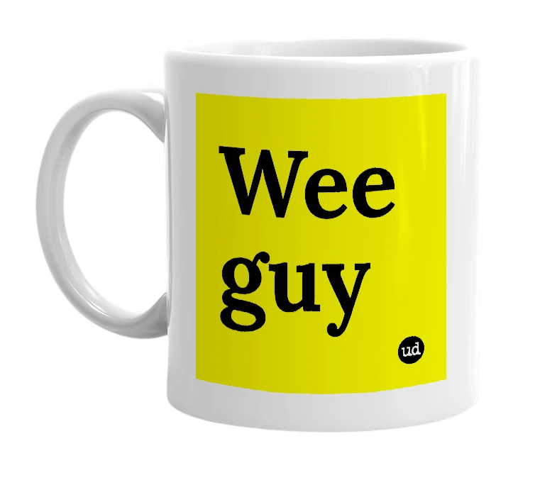 White mug with 'Wee guy' in bold black letters