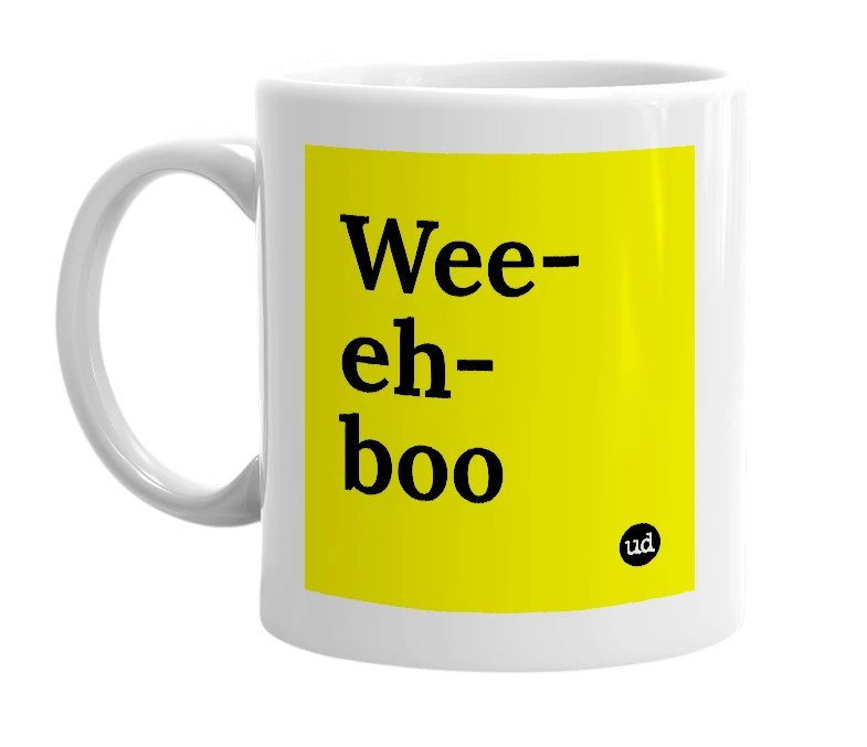 White mug with 'Wee-eh-boo' in bold black letters