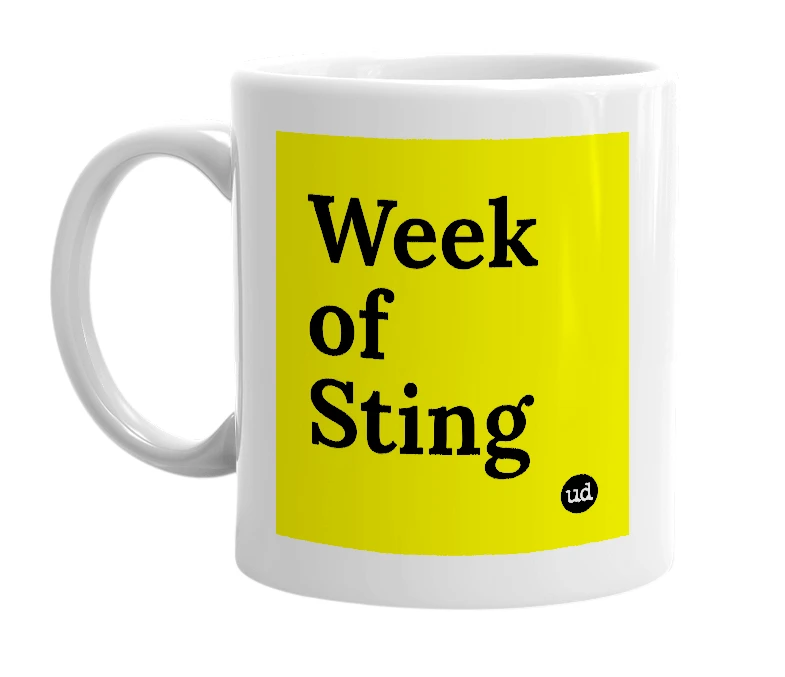White mug with 'Week of Sting' in bold black letters