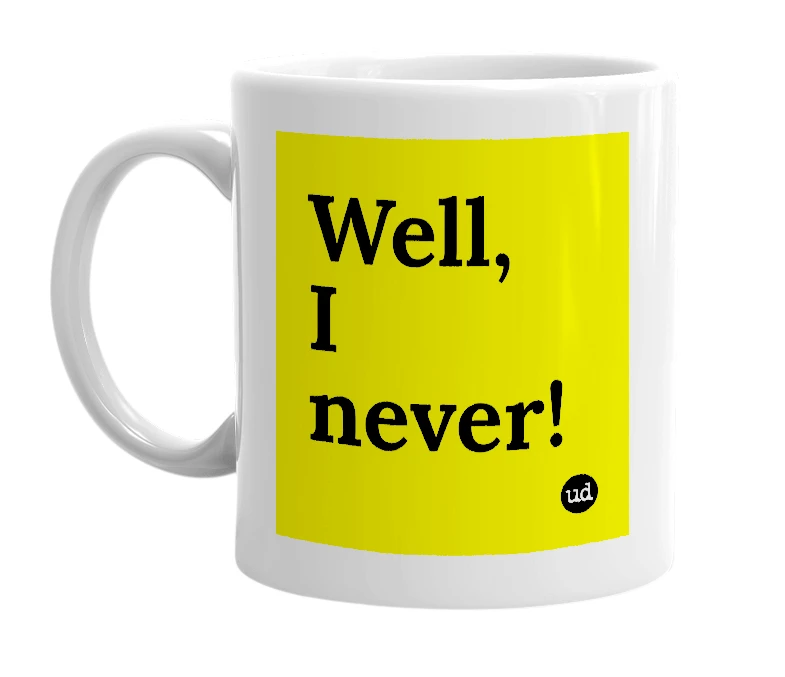 White mug with 'Well, I never!' in bold black letters