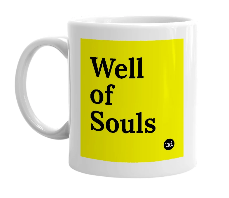White mug with 'Well of Souls' in bold black letters