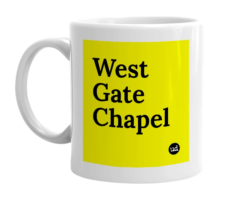 White mug with 'West Gate Chapel' in bold black letters