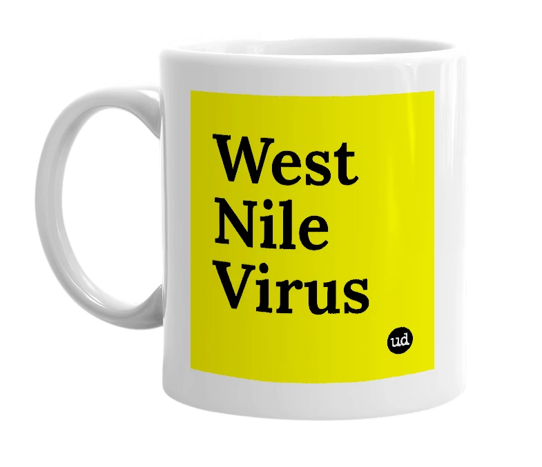 White mug with 'West Nile Virus' in bold black letters