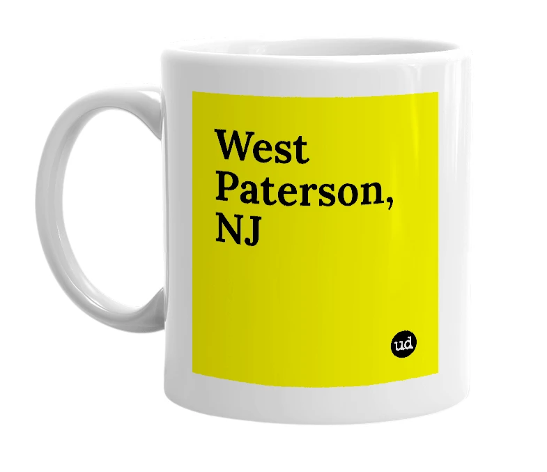 White mug with 'West Paterson, NJ' in bold black letters