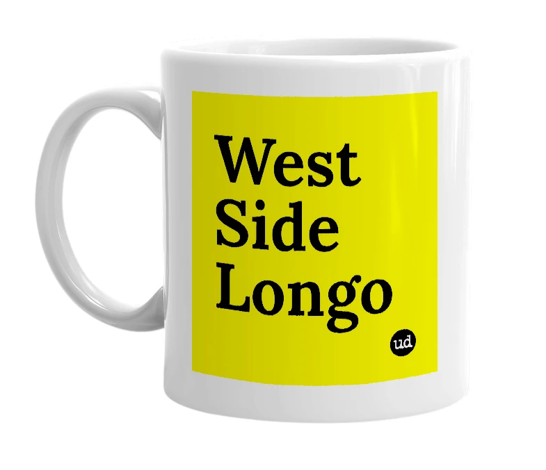 White mug with 'West Side Longo' in bold black letters