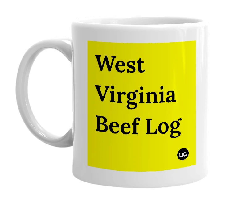 White mug with 'West Virginia Beef Log' in bold black letters