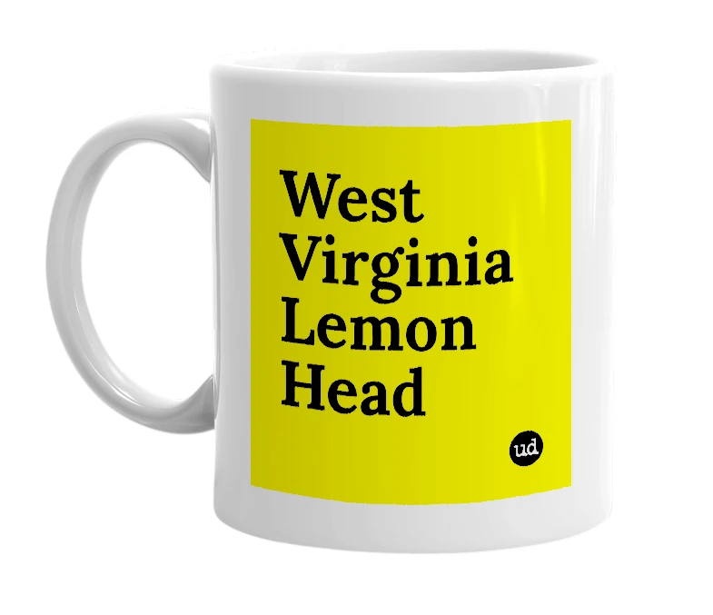 White mug with 'West Virginia Lemon Head' in bold black letters