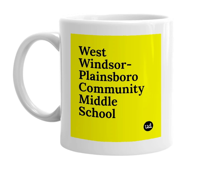 White mug with 'West Windsor-Plainsboro Community Middle School' in bold black letters