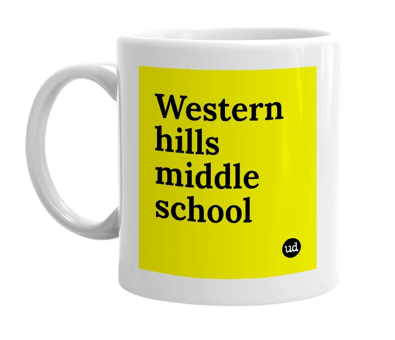 White mug with 'Western hills middle school' in bold black letters