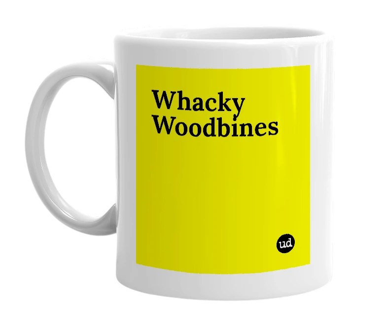 White mug with 'Whacky Woodbines' in bold black letters