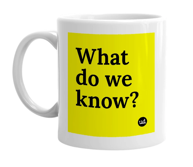 White mug with 'What do we know?' in bold black letters