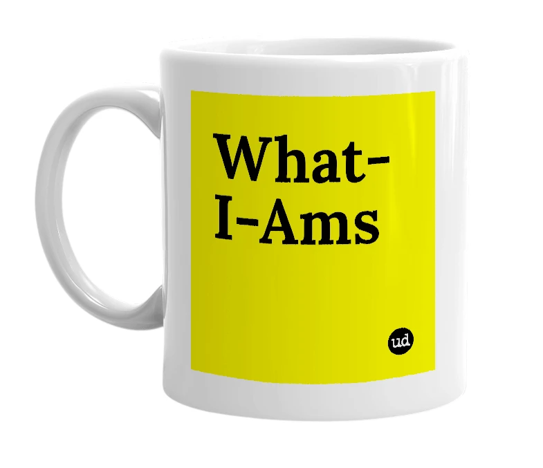 White mug with 'What-I-Ams' in bold black letters