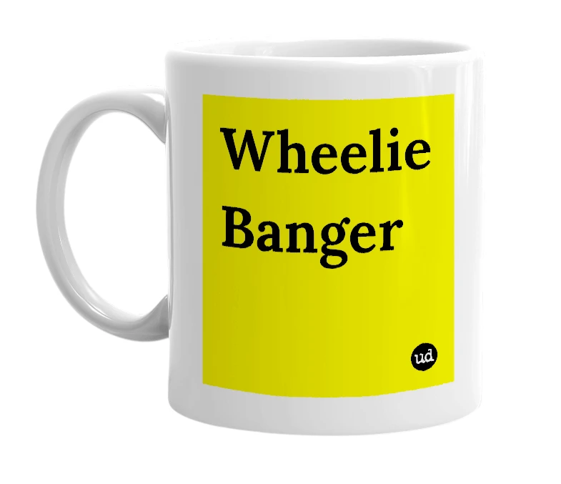 White mug with 'Wheelie Banger' in bold black letters