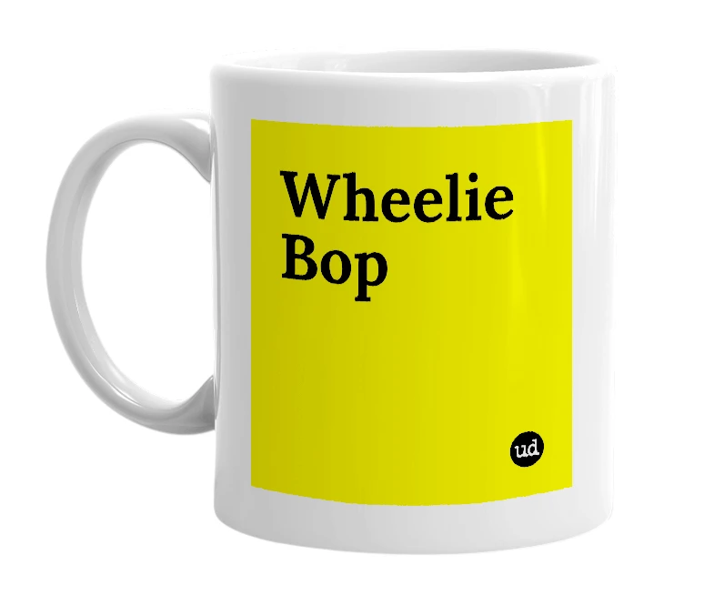 White mug with 'Wheelie Bop' in bold black letters