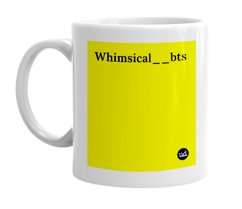White mug with 'Whimsical__bts' in bold black letters