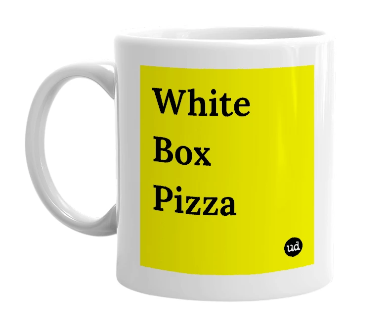 White mug with 'White Box Pizza' in bold black letters