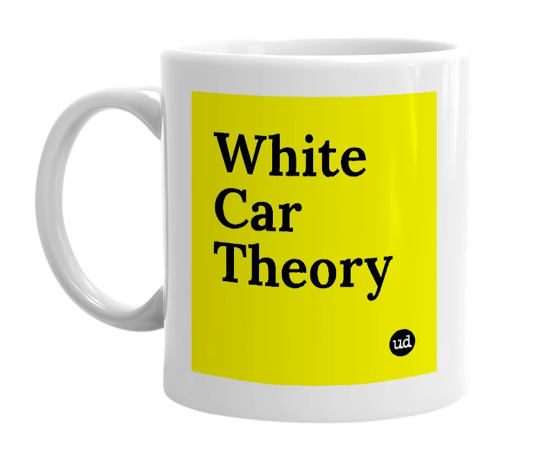 White mug with 'White Car Theory' in bold black letters
