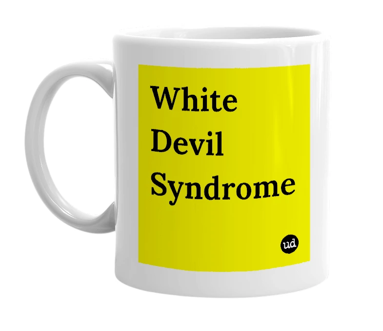White mug with 'White Devil Syndrome' in bold black letters