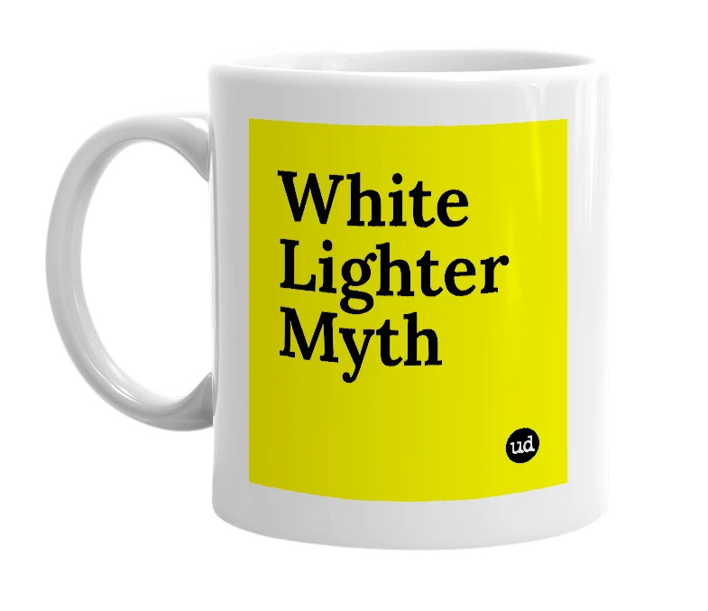 White mug with 'White Lighter Myth' in bold black letters