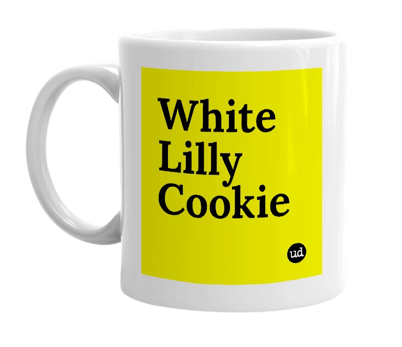 White mug with 'White Lilly Cookie' in bold black letters