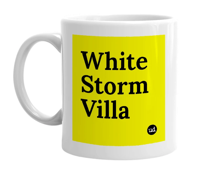 White mug with 'White Storm Villa' in bold black letters