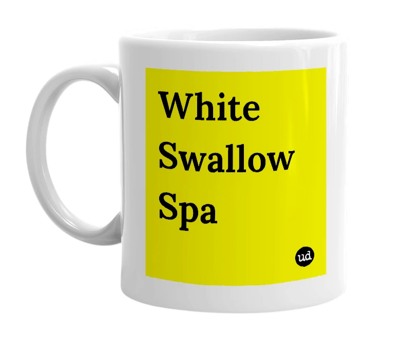 White mug with 'White Swallow Spa' in bold black letters
