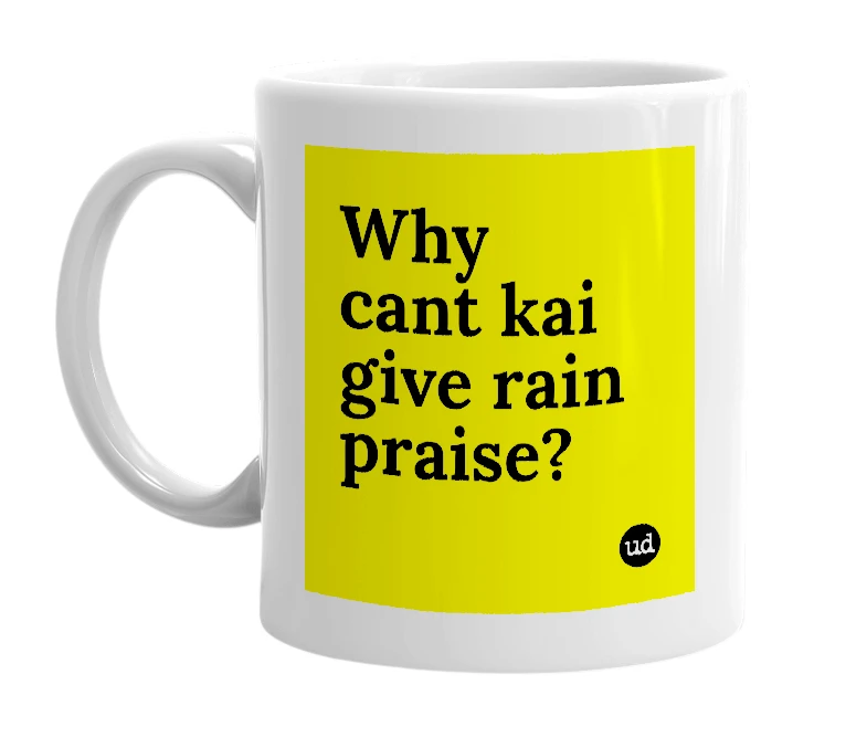 White mug with 'Why cant kai give rain praise?' in bold black letters