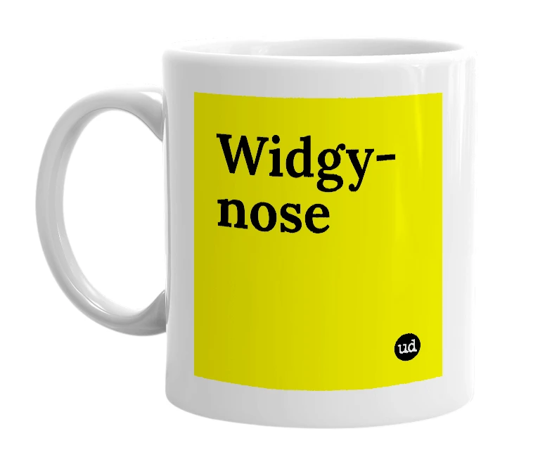 White mug with 'Widgy-nose' in bold black letters