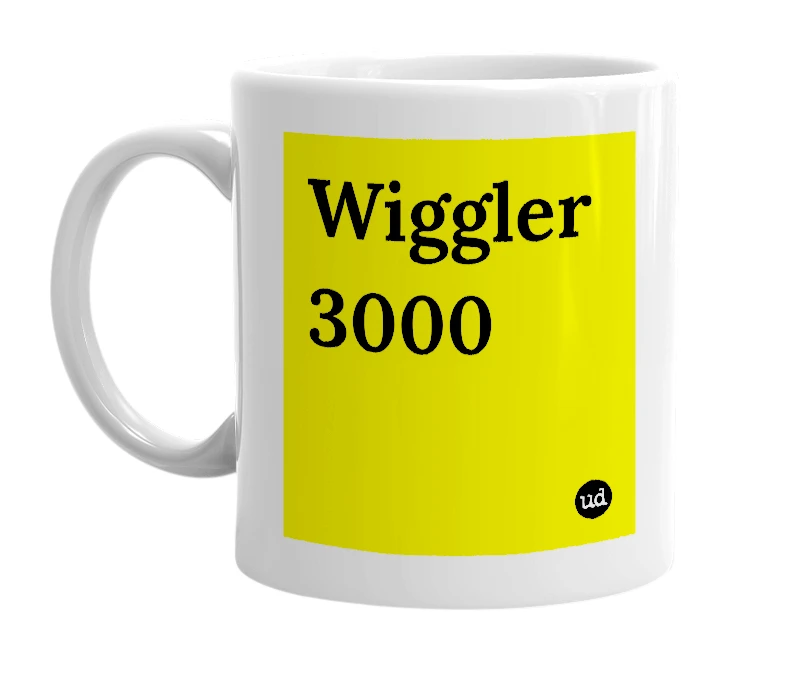 White mug with 'Wiggler 3000' in bold black letters