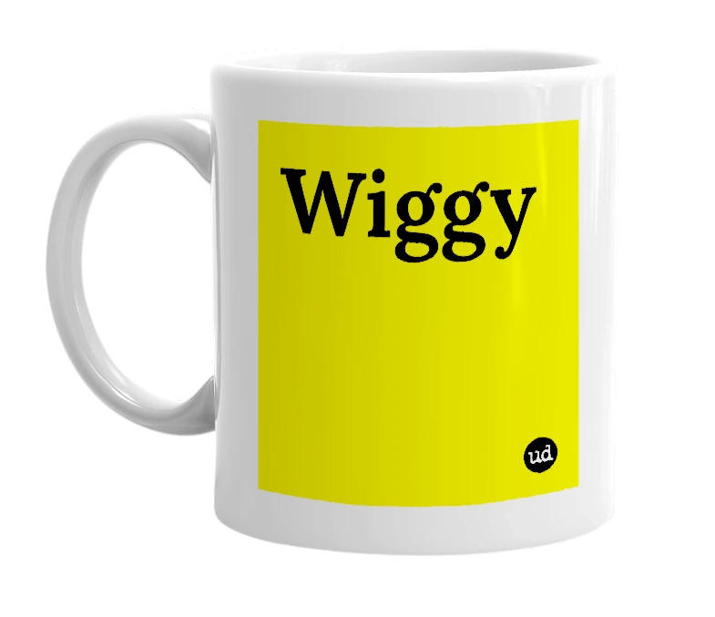 White mug with 'Wiggy' in bold black letters