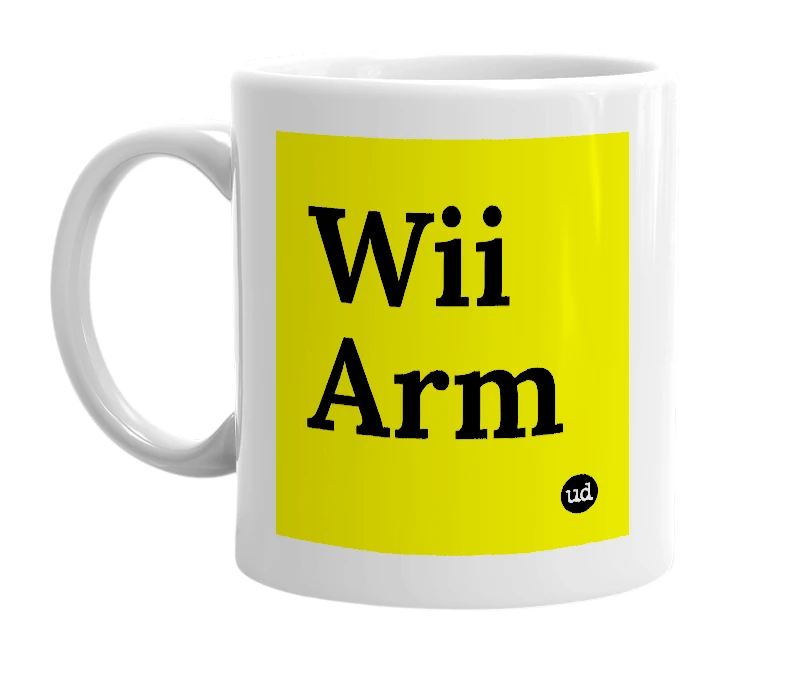 White mug with 'Wii Arm' in bold black letters