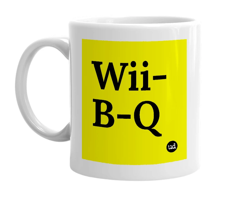 White mug with 'Wii-B-Q' in bold black letters