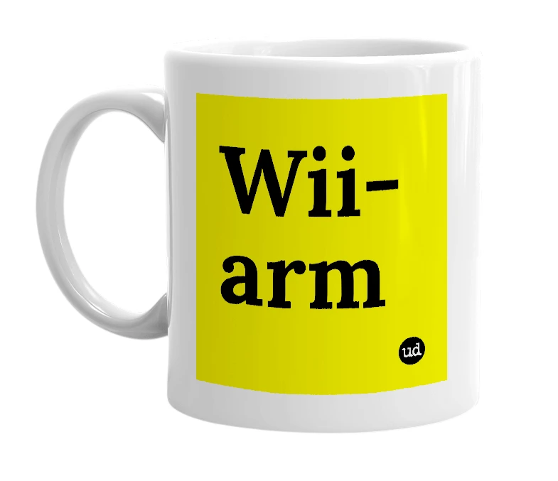 White mug with 'Wii-arm' in bold black letters