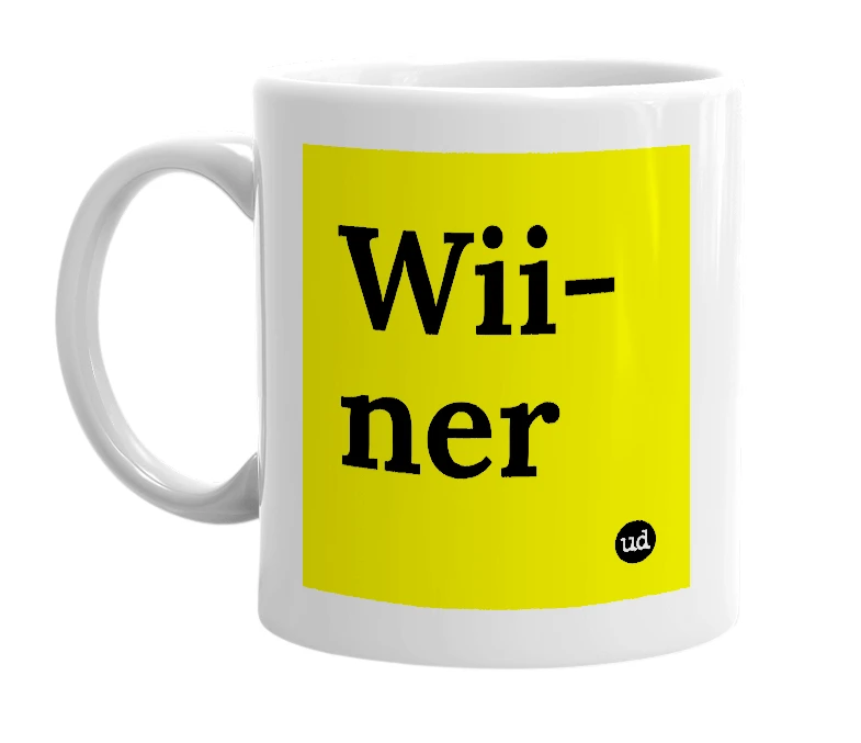 White mug with 'Wii-ner' in bold black letters