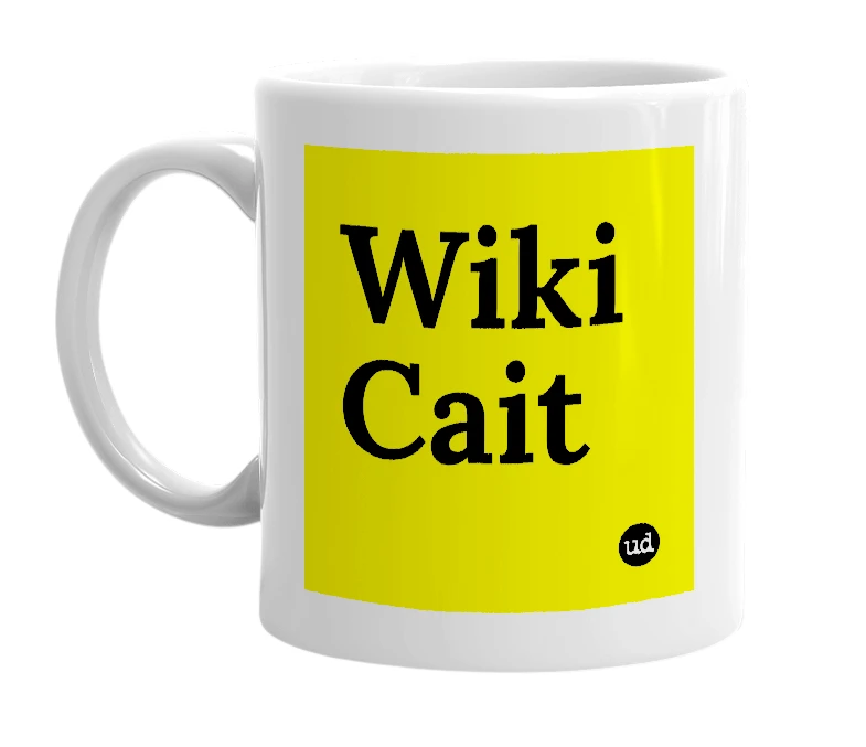 White mug with 'Wiki Cait' in bold black letters