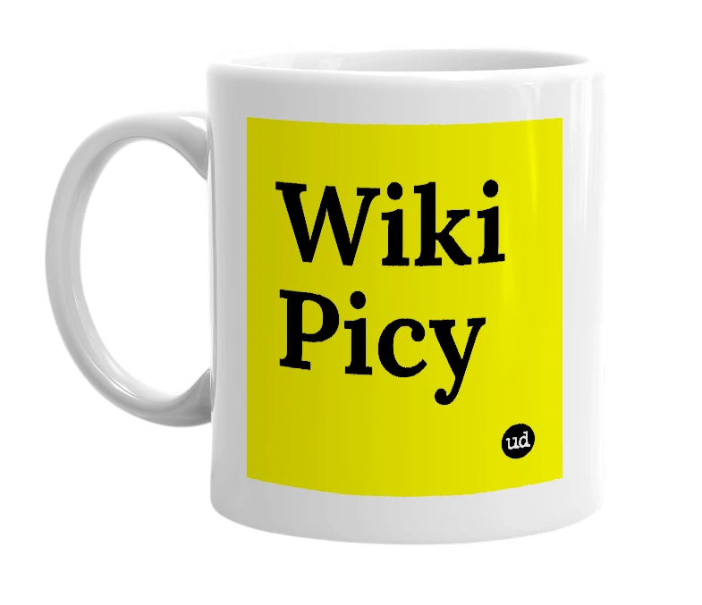 White mug with 'Wiki Picy' in bold black letters