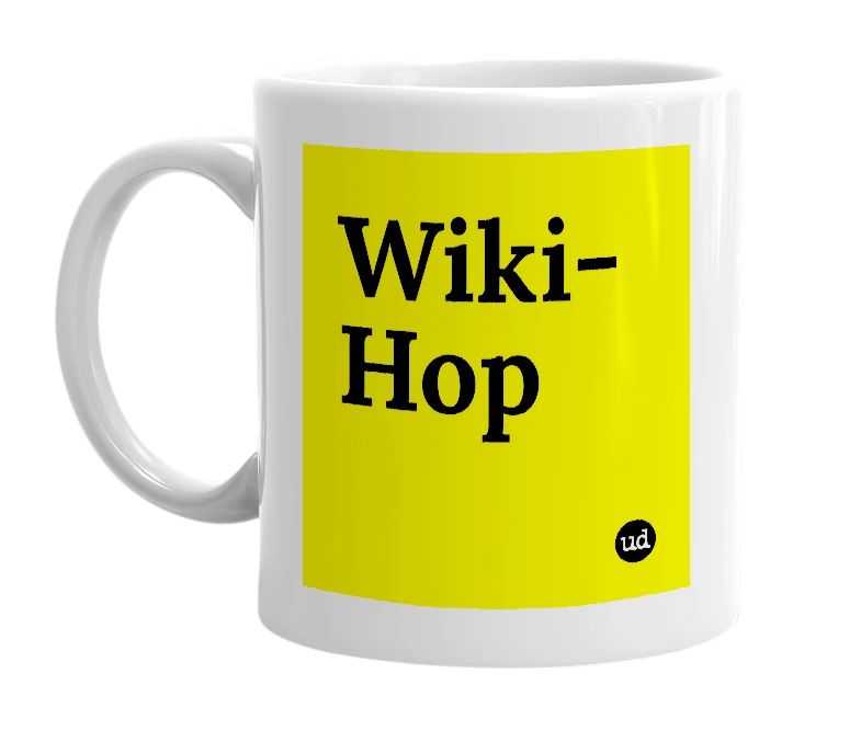 White mug with 'Wiki-Hop' in bold black letters