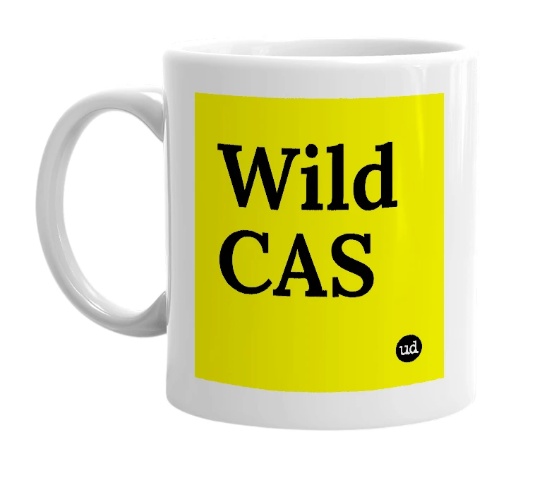 White mug with 'Wild CAS' in bold black letters