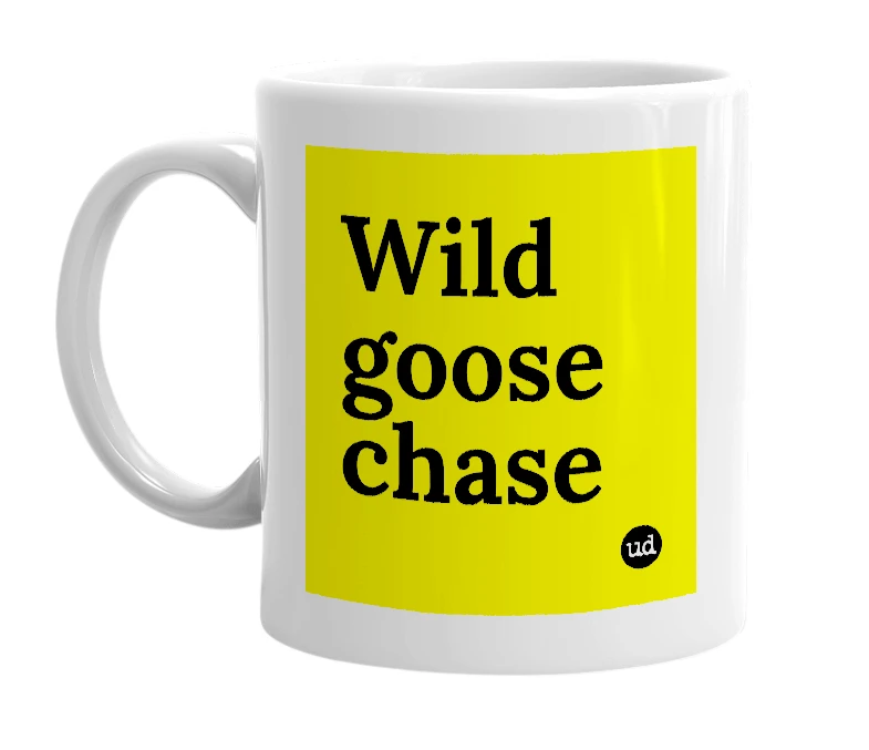 White mug with 'Wild goose chase' in bold black letters