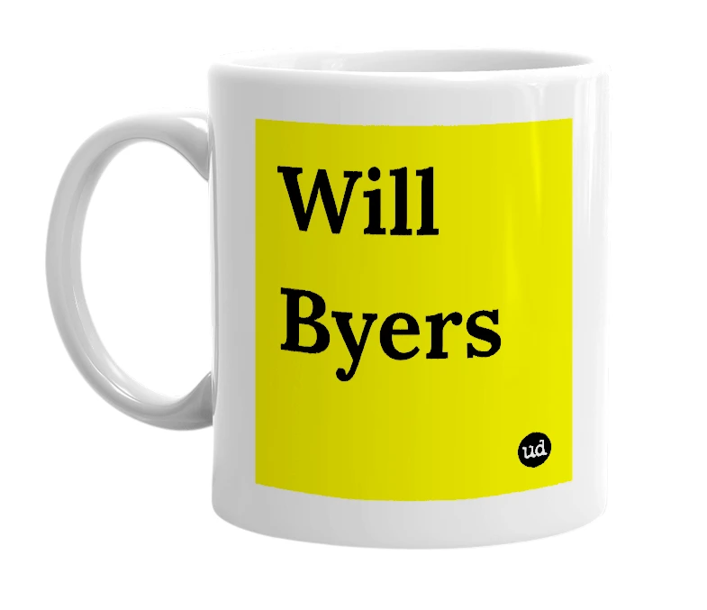 White mug with 'Will Byers' in bold black letters