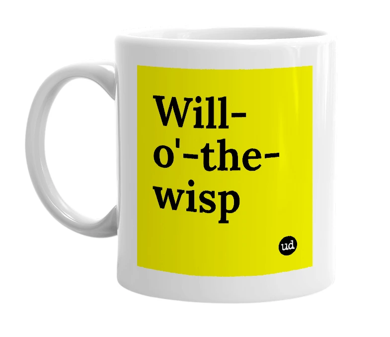 White mug with 'Will-o'-the-wisp' in bold black letters