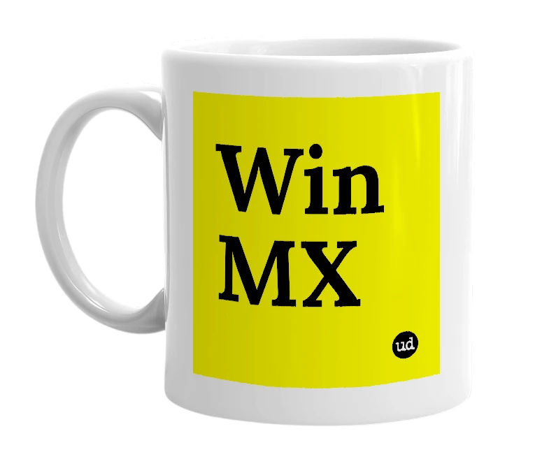 White mug with 'Win MX' in bold black letters