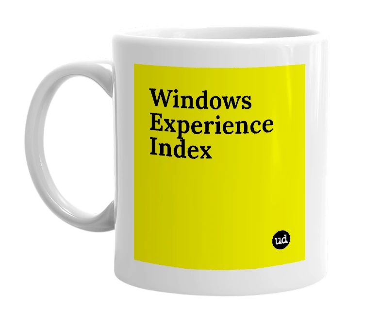 White mug with 'Windows Experience Index' in bold black letters