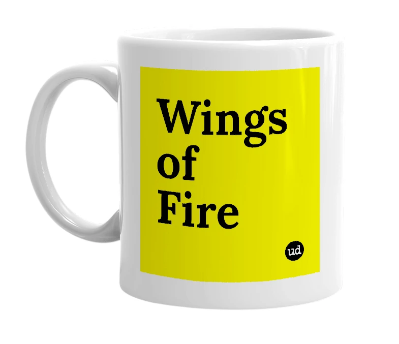 White mug with 'Wings of Fire' in bold black letters