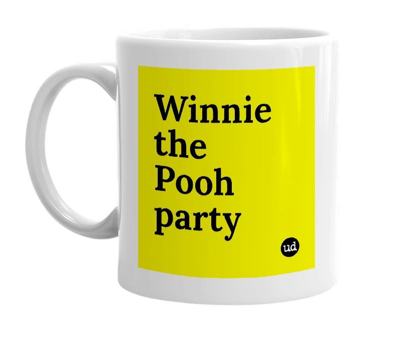White mug with 'Winnie the Pooh party' in bold black letters