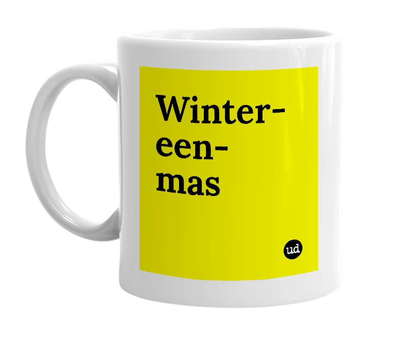 White mug with 'Winter-een-mas' in bold black letters