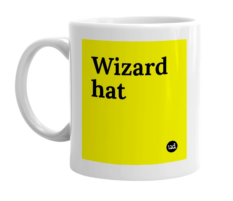 White mug with 'Wizard hat' in bold black letters